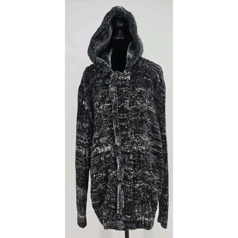 Vtg Y2K Leif Nelson‎ Mens Wool Sweater XXL Black Lined Hood Cable Knit Fisherman